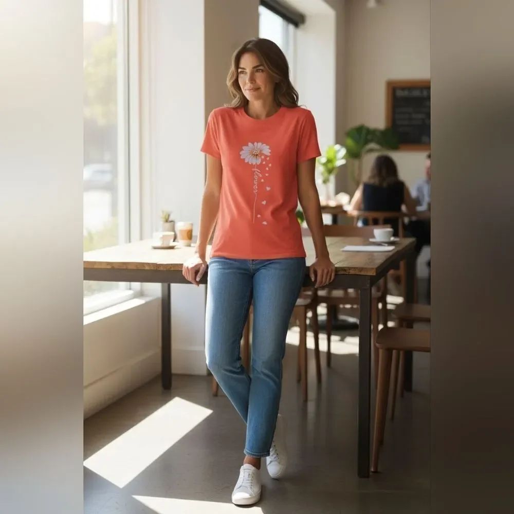 Vibrant Coral Short Sleeve Tee with Floral Design - Picture 4 of 9